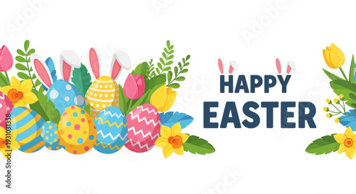 Happy Easter seamless border vector background. Greeting banner with easter eggs, bunny ears, spring plants, leaves.