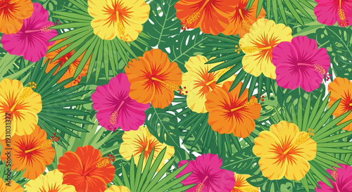 Flower background, A vibrant vector background featuring tropical hibiscus flowers and palm leaves with a summer vibe 