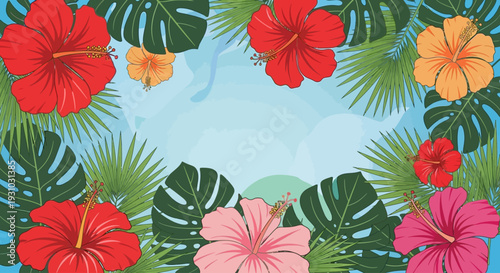 Flower background, A vibrant vector background featuring tropical hibiscus flowers and palm leaves with a summer vibe 