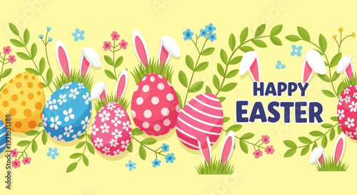 Happy Easter seamless border vector background. Greeting banner with easter eggs, bunny ears, spring plants, leaves.