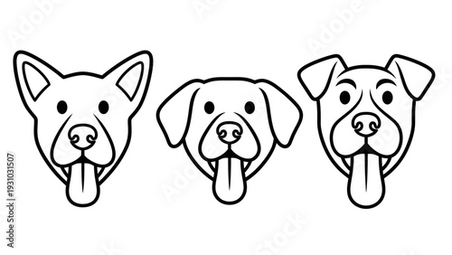 Three cartoon dogs with tongues out, illustration, simple black lines, frontal view, various breeds