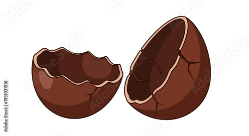 Open broken chocolate Easter egg isolated on white background with clipping path