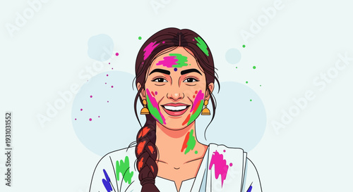 Portrait of young Indian Woman celebrating Holi color festival. vector flat. young woman celebrating holi festival outdoors. Fun with colours. A vibrant splash of colors