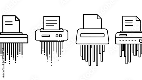 Illustration of four different printer icons with documents printing from various perspectives