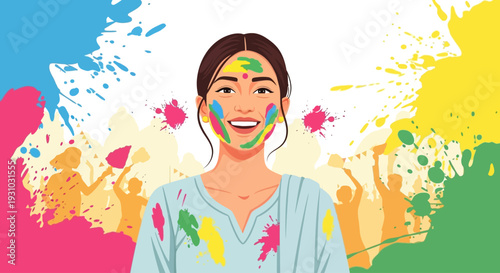 Portrait of young Indian Woman celebrating Holi color festival. vector flat. young woman celebrating holi festival outdoors. Fun with colours. A vibrant splash of colors