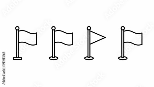 Four flags on poles in various positions, depicted in a simple line art style, isolated on a plain background, viewed from the front.