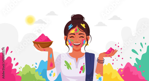 Portrait of young Indian Woman celebrating Holi color festival. vector flat. young woman celebrating holi festival outdoors. Fun with colours. A vibrant splash of colors