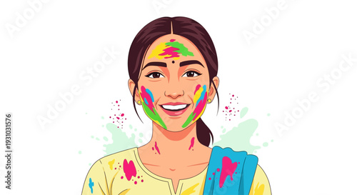 Portrait of young Indian Woman celebrating Holi color festival. vector flat. young woman celebrating holi festival outdoors. Fun with colours. A vibrant splash of colors
