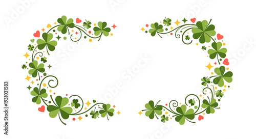 Shamrock or Leaf clover border with hearts shape, stars and sparkles on transparent background. Lucky charms curl shape. St. Patricks Day shamrock pattern. Vector banner