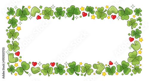 Shamrock or Leaf clover border with hearts shape, stars and sparkles on transparent background. Lucky charms curl shape. St. Patricks Day shamrock pattern. Vector banner