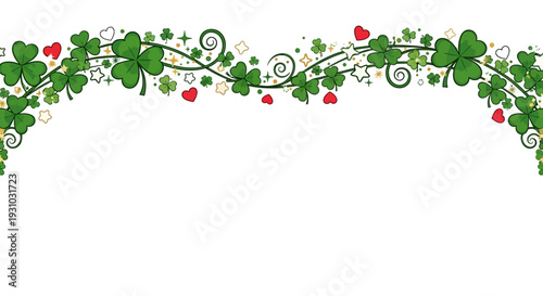 Shamrock or Leaf clover border with hearts shape, stars and sparkles on transparent background. Lucky charms curl shape. St. Patricks Day shamrock pattern. Vector banner