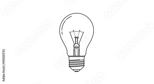 Classic Incandescent Light Bulb Outline Drawing, Isolated on White Background