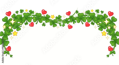 Shamrock or Leaf clover border with hearts shape, stars and sparkles on transparent background. Lucky charms curl shape. St. Patricks Day shamrock pattern. Vector banner
