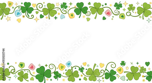 Shamrock or Leaf clover border with hearts shape, stars and sparkles on transparent background. Lucky charms curl shape. St. Patricks Day shamrock pattern. Vector banner