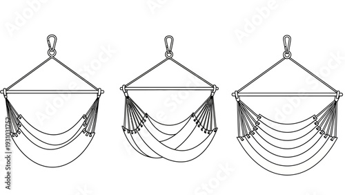 Three hammocks suspended from above showcasing relaxation and leisure in a serene outdoor setting, viewed from the front