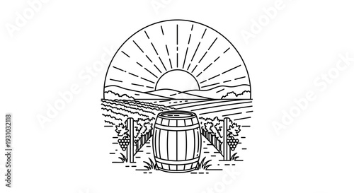 Vineyard Landscape with Wine Barrel and Sunrise in Linear Style