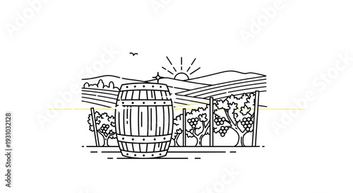 Vineyard Landscape with Wine Barrel and Sunrise: Rustic Winery Illustration