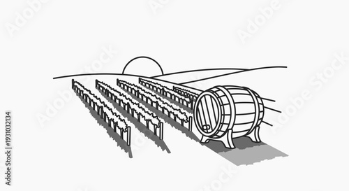 Vineyard Landscape with Wine Barrel at Sunset, Winery Production Concept