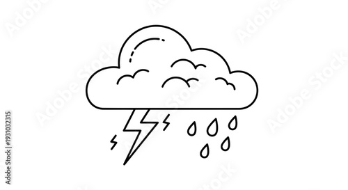 Stormy Weather Icon: Cloud with Lightning and Rain Drops, Simple Line Art