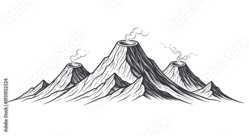 Volcanic Landscape Illustration: Active Volcanoes Erupting Smoke in a Mountain Range