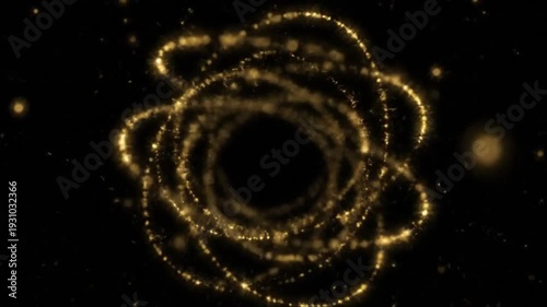 Abstract golden particles create a mesmerizing display, swirling and intertwining in luminous, dynamic rings against a dark background, evoking a cosmic or atomic dance.