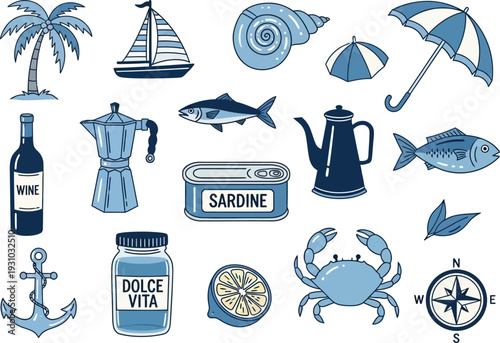 Vintage Style Beach Vacation Icon Set Illustrations Vector Art