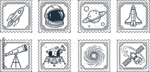 Illustration of Space Exploration and Astronomy Vintage Style Postage Stamps Collection Set