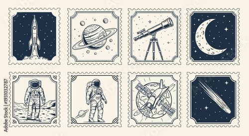 Space Exploration Astronomy Vintage Illustration Postage Stamps Set Design