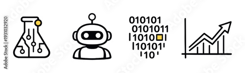 Technology icons showing lab robot code and analytics on dark gradient