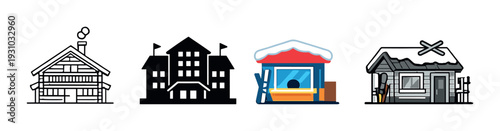 Various mountain lodges and ski kiosk on gradient background