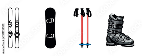 Pair of skis, snowboard, poles and ski boot on gradient