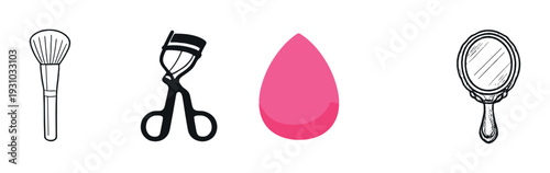 Makeup tools including brush, curler and sponge on dark background