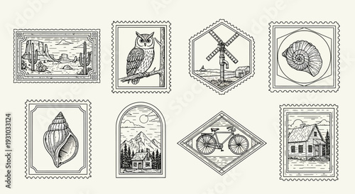 Illustration of Black and White Owl and Historical Building Postage Stamp Designs Collection