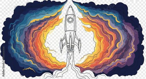 Rocket Launching into Colorful Nebula, Space Exploration Concept