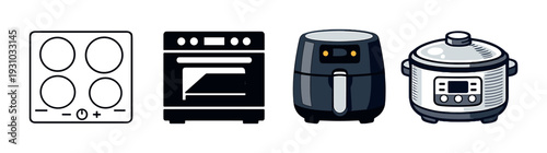 Cooktop, oven, air fryer and slow cooker displayed on dark background