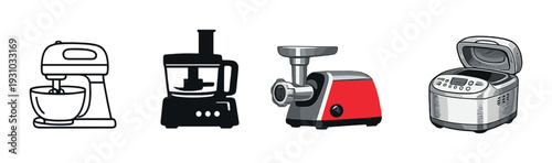 Mixer, processor, meat grinder and bread maker on dark background