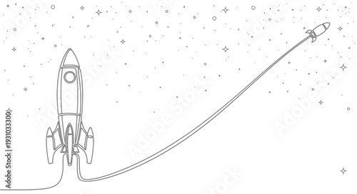 Rocket Launching into Space, One Line Drawing, Stars Background