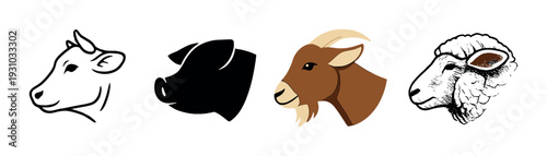 Cow, pig silhouette, goat and sheep heads on gray gradient background