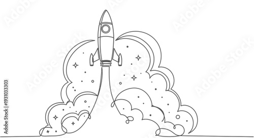 Rocket Launching into Space, Smoke Clouds, Stars, Minimalist Line Art