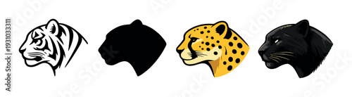 Tiger, black silhouette, cheetah and panther heads on gray background