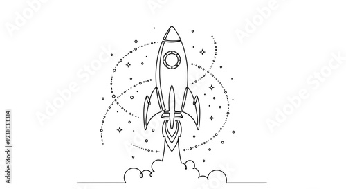Rocket Launching Into Space, Stars and Swirls, Minimalist Line Art
