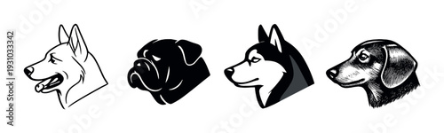 Four dog head illustrations arranged on dark gradient background