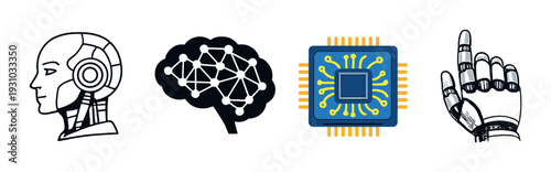 Robot head neural network chip and robotic hand on dark background