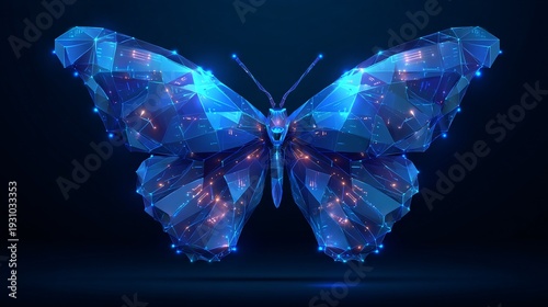 Geometric glowing blue butterfly, digital technology concept art