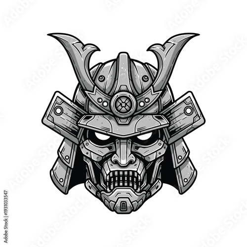 Cyberpunk Samurai Helmet Vector Art - Futuristic Robotic Japanese Warrior Mask Illustration in Grayscale