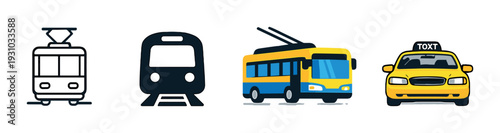 Tram train trolleybus and taxi icons on dark background