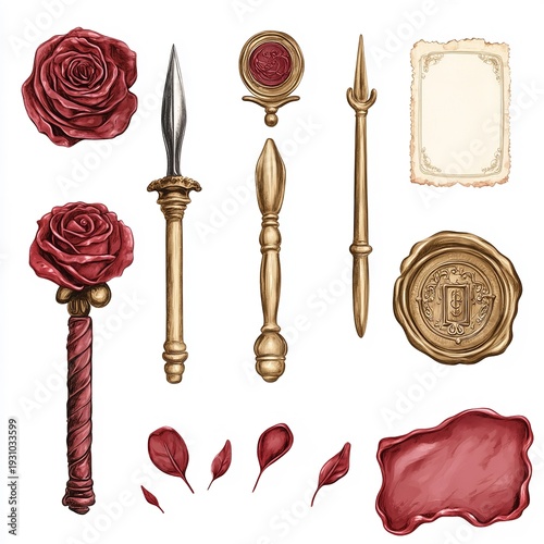 Collection of Vintage Wax Seals and Sealing Tools on White Background