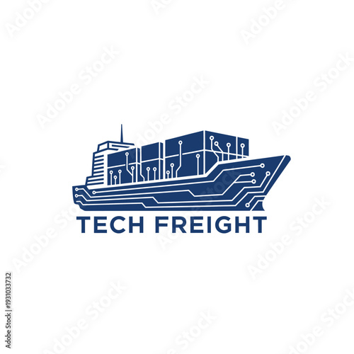 Circuit line cargo ship logo for digital logistics and maritime shipping Tech Freight