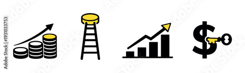 Coin and growth icons showing ladder chart and security on dark