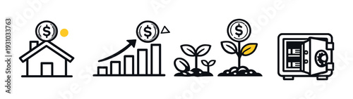 Real estate and investment icons showing growth and safety